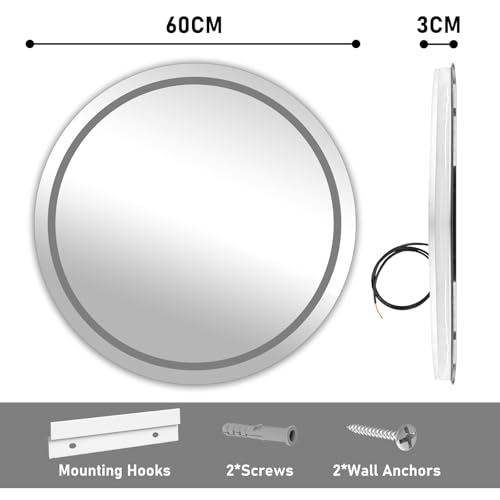Simusi 600MM Round LED Bathroom Mirror with Lights–Illuminated Bathroom Vanity Mirror with LED Lights, Anti-Fog Wall-Mounted Light up for Makeup, Dimmable 3-Color Lighting, IP44, Tempered Glass - Image 7