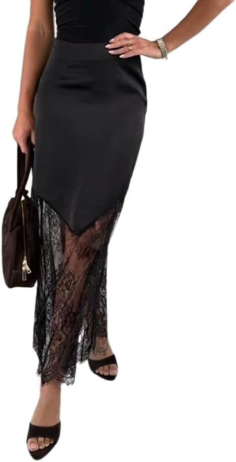 Satin Skirts for Women High Waist Lace Skirts Y2K Elegant Lace Patchwork Skirt Solid Silk Wrap Maxi Skirts 2026 - Image 4