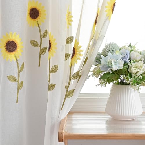 Cortina bordada de girasoles de poliéster resistente para ventanas 6