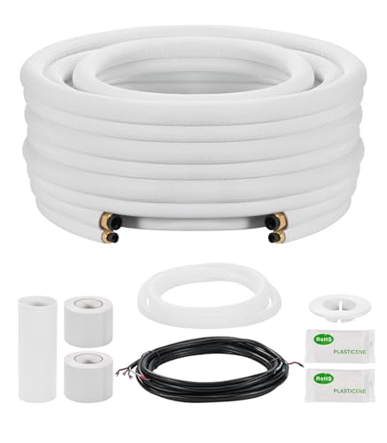 Image of VEVOR Mini Split Line Set, 25ft 3 /8 inch & 5 /8 inch OD AC Copper Tubing Pipe, 3 /8 White PE Thickened Insulated Coil with Flared Nuts, Rich Fittings, for Mini Split Air Conditioner HVAC or Heat Pump System
