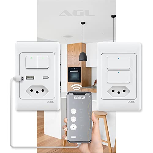 Interruptor AGL com 02 teclas + tomada WiFi+ entrada USB + entrada USB tipo C inteligente, compative