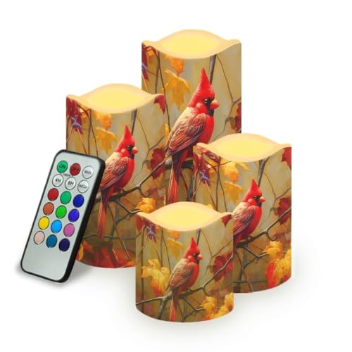 Image of Autumn Cardinal Color Changing Flameless LED Candles Set of 4 | Fall Maple, Battery Operated Fake Candles with Remote Control, Flickering Flame Home Holiday Party Centerpiece Decor