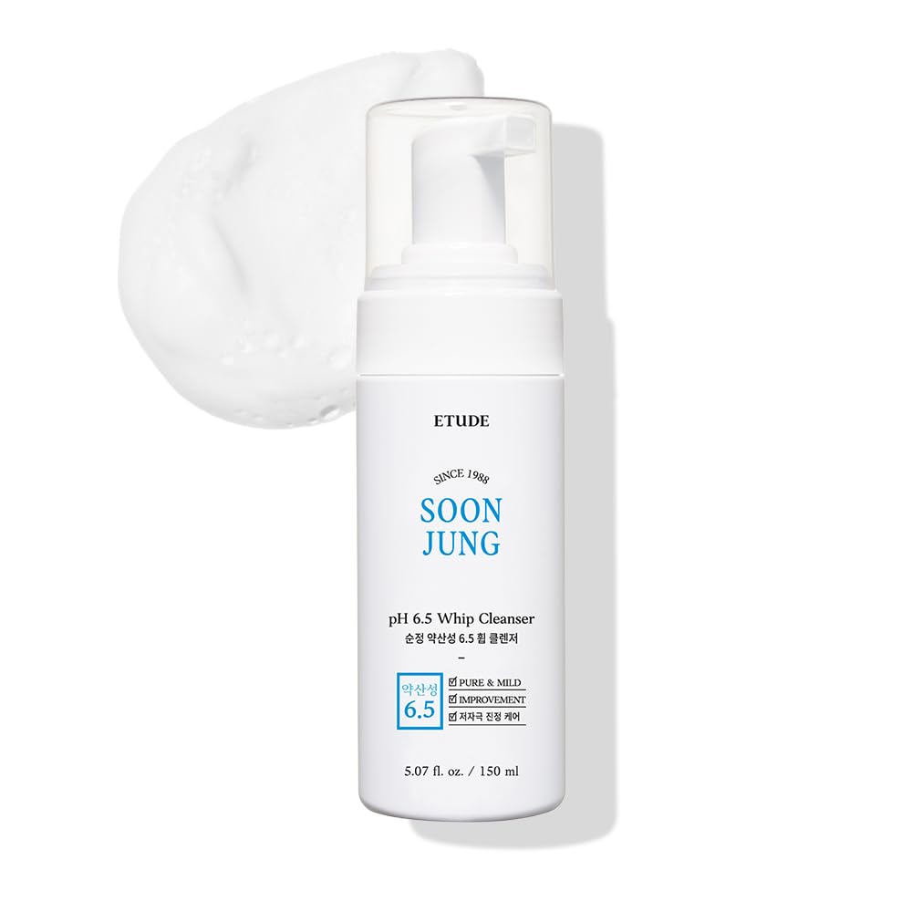 ETUDE SoonJung pH 6.5 Whip Cleanser | Mild Micro Foaming Face Wash for Sensitive Skin, Panthenol, Madecassoside for Soothing, Barrier Repair, Low pH, Vegan Certified, Non-comedogenic, 5.07 Fl Oz