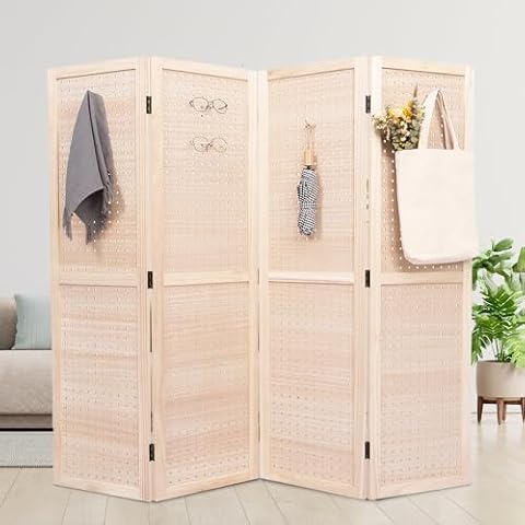 JVVMNJLK 4 Panel Room Divider, 5.6FT Pegboard Display Wood Folding Privacy Screen, Partition Room Divider Freestanding Pegboard Display Wall Organizer for Retail, Craft Show, Art Display, Natural Cover