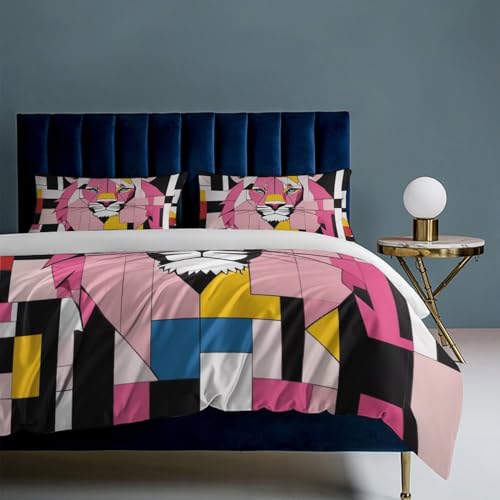 ZGDPBYF Jogo de cama Queen geométrico animal leão, conjunto de colcha geométrica listrada rosa leão
