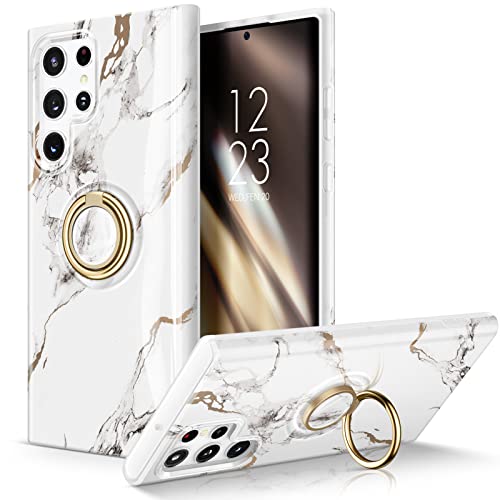 GVIEWIN Compatible con Samsung S22 Ultra Case Galaxy 2022 5G, soporte de anillo giratorio de 360° integrado, elegante mármol delgado TPU a prueba de golpes [con soporte de anillo] (blanco/dorado) Cover