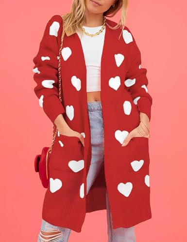 Image of Wyeysyt Women Valentines Day Love Heart Cardigans Sweaters Open Front Long Chunky Casual Knit Pocketed Cardigan Sweaters(Red-XL)