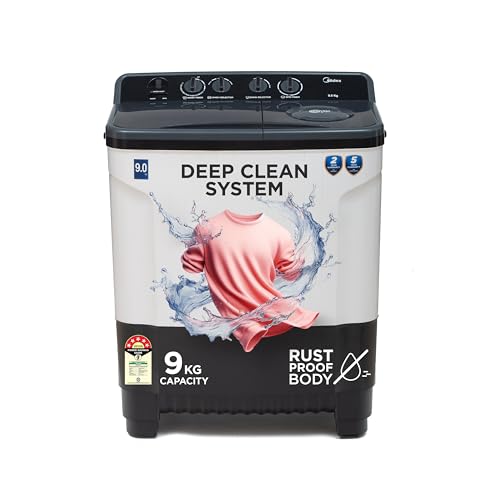Midea 9 Kg 5 Star Semi Automatic Top-Load Washing Machine Black White (MWMSA090SAPPG(KW), Rat Away Feature, Air Jet Dry IPX4 Protection)
