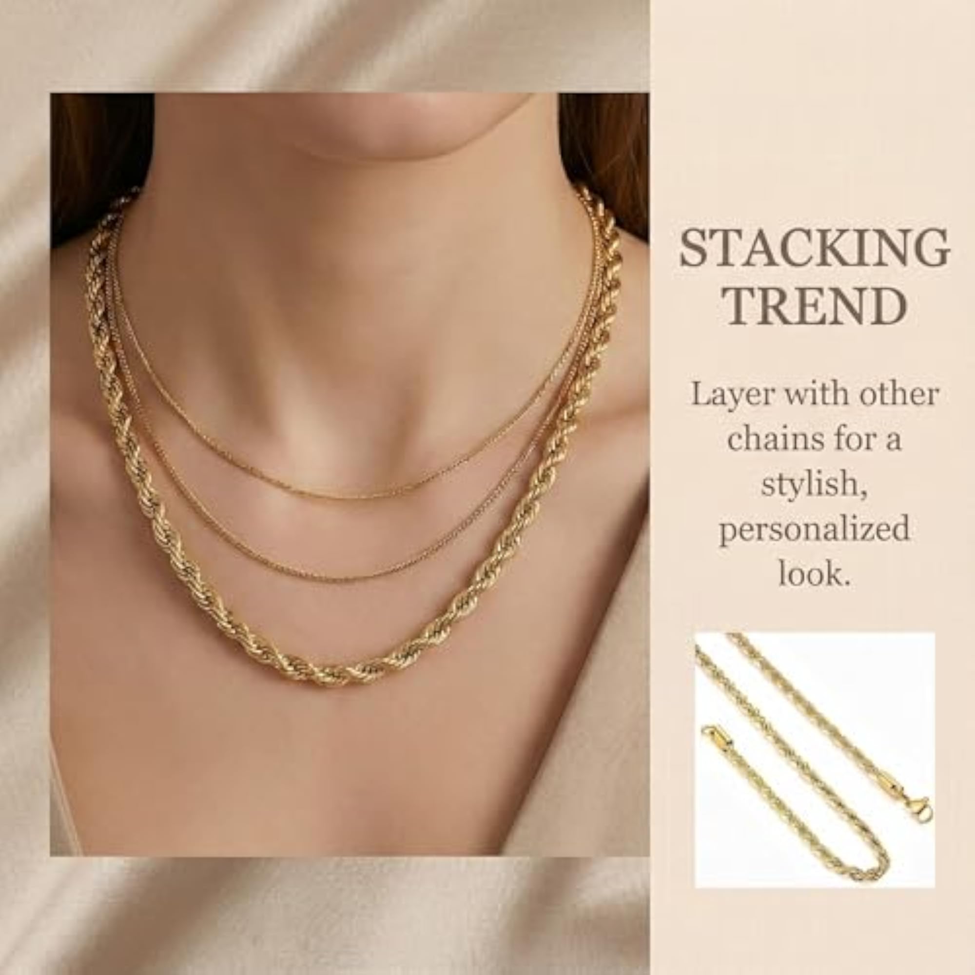 Gold Rope Chain for Men, Women & Boys, 16 Inch