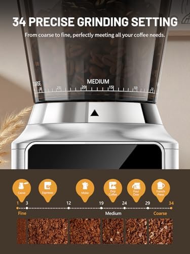 Burr Coffee Grinder, Keenstar Conical Coffee Bean Grinder with 34 Grind Settings for Home Use, Precision Timer, Touchscreen, Anti-static, Stainless Steel, Easy to Clean with Brush - 2