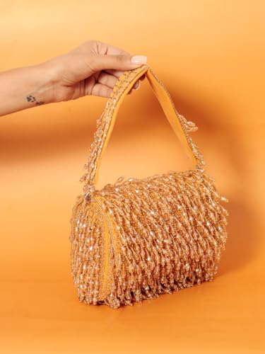 Image of THE TAN CLAN Rosa Golden Flap Over Clutch Bag for Women- Elegant Evening Handbag, Purse, Perfect for Weddings, Parties & Special Occasions
