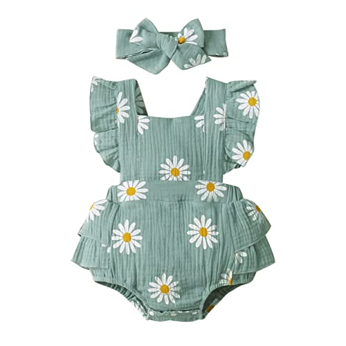 Image of Quamicy Newborn Baby Girl Summer Clothes Ruffled Sleeveless Daisy Romper Bodysuit + Headband 2PCS Sets Infant Girl Outfit (9-12 Months) Light Green