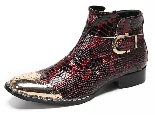 Santimon Mens Chelsea Boots Party Casual Dress Rock Snakeskin Pattern Ankle Boots Metal Wingtip Genuine Leather Western Boots Singer Ballroom Prom Cowboy Boots for Men Boys