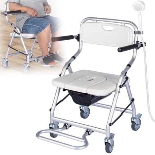Silla con Cómoda Junto Cama, Silla De Transporte con Ruedas para Inodoro con Brazos Y Ruedas, Silla De Transporte para Silla De Ruedas para Ducha para Adultos, Personas Mayores, Discapacitados