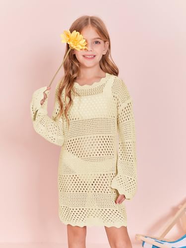 Image of Batermoon Girls Crochet Long Sleeve Swimsuit Cover Up Kids Fashion Hollow Out Swimwear Beach Dress 5-14 Years