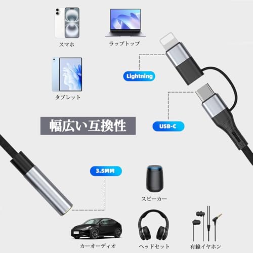 2in1 USB Type C ＆ Lighting - 3.5mm イヤホン ジャック 変換 アダプタ Auxオーディオ DAC搭載 HiFi音質 iPhone/Pad/Mac/Androidおよびその他のデバイスに対応