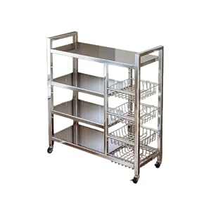 PAACCI収納ラック キッチンワゴン オープンシェルフ 食器棚 収納カート メッシュバスケット付き ステンレス鋼製 4段 スチールラック キャスター付き 厚い手 頑丈 耐荷重 調味料 家電や器具収納 省スペース 多機能 キッチン リ...