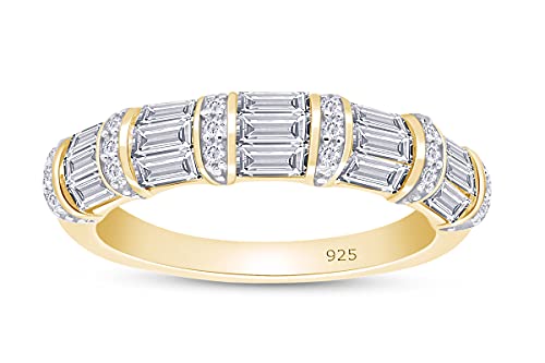 AFFY 1 Carat (Cttw) Baguette And Round Cut White Cubic Zirconia Anniversary Wedding Band Ring In 14k Gold Plated 925 Sterling Silver Birthday Gift For Her