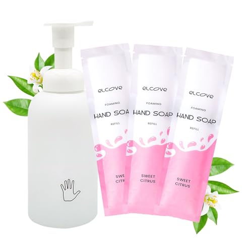 Elcove Foaming Hand Soap Starter Set│Reusable Glass Bottle│Concentrated Refill Packs Make 3 x 12oz (36 oz total) of Refillable Hand Wash│ Eco-Friendly │Cruelty Free│ Sweet Citrus