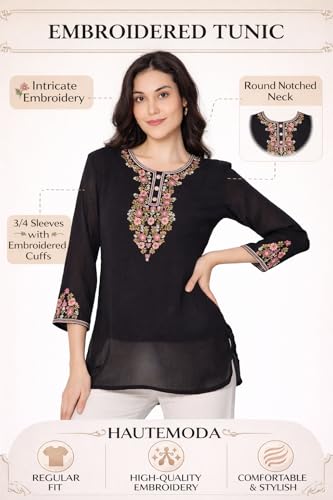 Image of HAUTEMODA Women Cotton Floral Embroidered Short Kurti, Tunic, Three-Fourth Sleeves, White