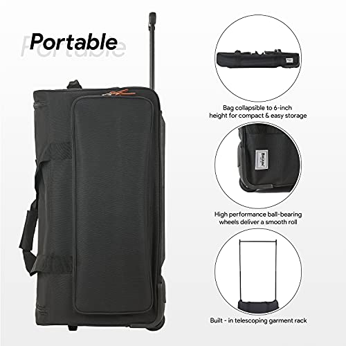 BRUUN Large Size Duffel Bag – Black Colored Dream Rolling Carrier with Garment Rack and Wheels for Travel – Specially Designed for Men and Women to Hang Clothes on Long Journeys