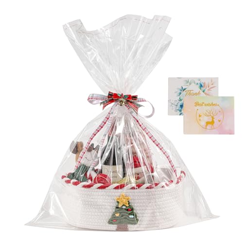 Image of Mothers Day Gift Basket Empty with 2 Greeting Cards | Ribbon | Cellophane, Empty Cotton Rope Storage Basket With Concealed Handle For Baby Shower, Easter, Halloween, Birthday, 14*10*5 inches Crochet Tree Red