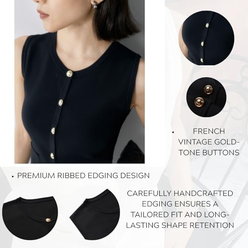 Crew Neck Gold Button Front Sweater Vest Compact Knit Structured Waistcoat Tank Top Minimalist Style4