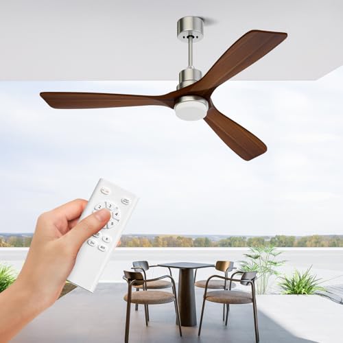 Image of Obabala 52 Inch Ceiling Fans with Lights and Remote Control-Outdoor Ceiling Fan Walnut Wood 3 Blade for Bedroom Living Room Indoor Farmhouse Patio, Reversible Noiseless DC Motor