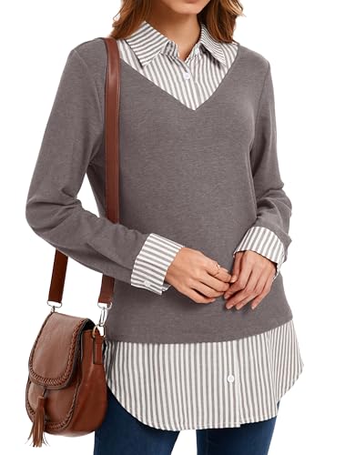 Image of Oyamiki Women's Casual Collared Curved Hem 2 in 1 Pullover Tops Plaid Contrast Shirt Blouse