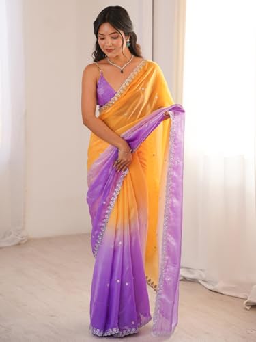 Image of AKHILAM Women's Shimmer Satin Sequence Embroidery Saree With Unstitched Blouse Piece(AARYAN21701 KR Parent)