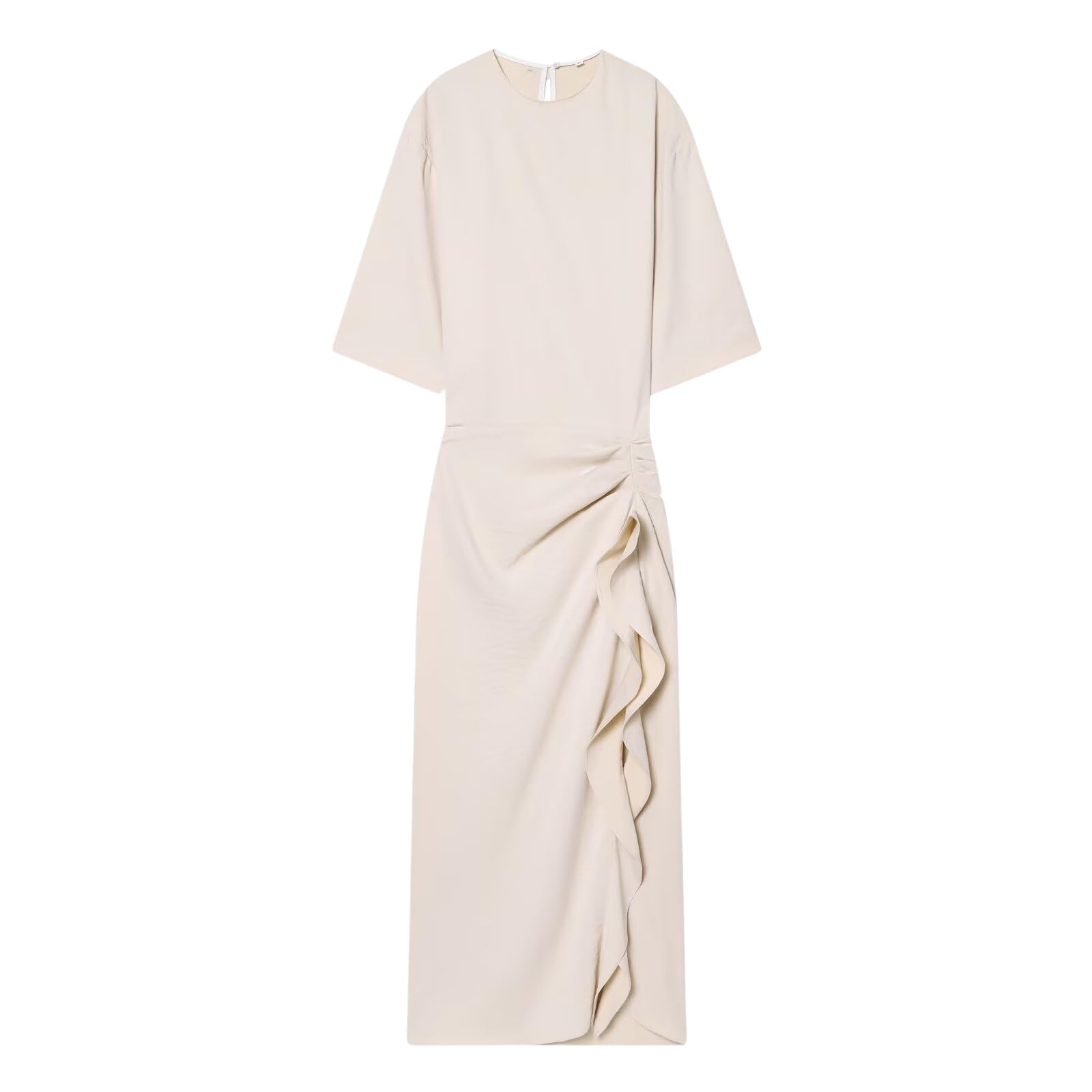 Vestito Donna Nuova Moda Collo Rotondo Piegato Abito Midi - Manica Corta, Design della Vita, Cerniera Laterale, Bottone Dettaglio per L'eleganza Estiva Casual-Apricot-l