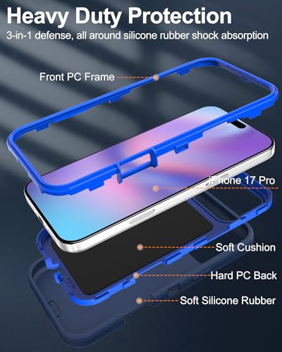 Image of for iPhone 17 Pro Case with Port Cover, Rubber Matte, Blue | 3-Layer Heavy Duty Armor, 16ft Drop Protection, Non-Slip Shockproof & Anti-Fingerprint