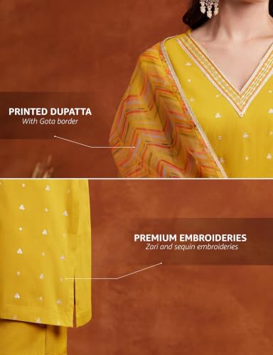 Image of Amazon Brand - Myx Women's Straight Kurta Set with Sharara Pant | Printed Dupatta | Sharara Suit Set with Dupatta (Available in Plus Sizes)