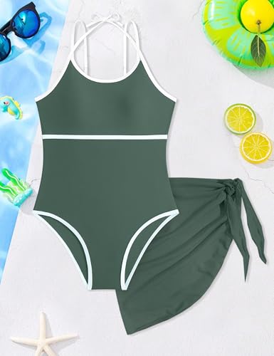 Image of WIQI Girls Swimsuit One Piece Bathing Suit Color Contrast Trim Girls' Swimwear with Cover Up Skirt Size 9-16