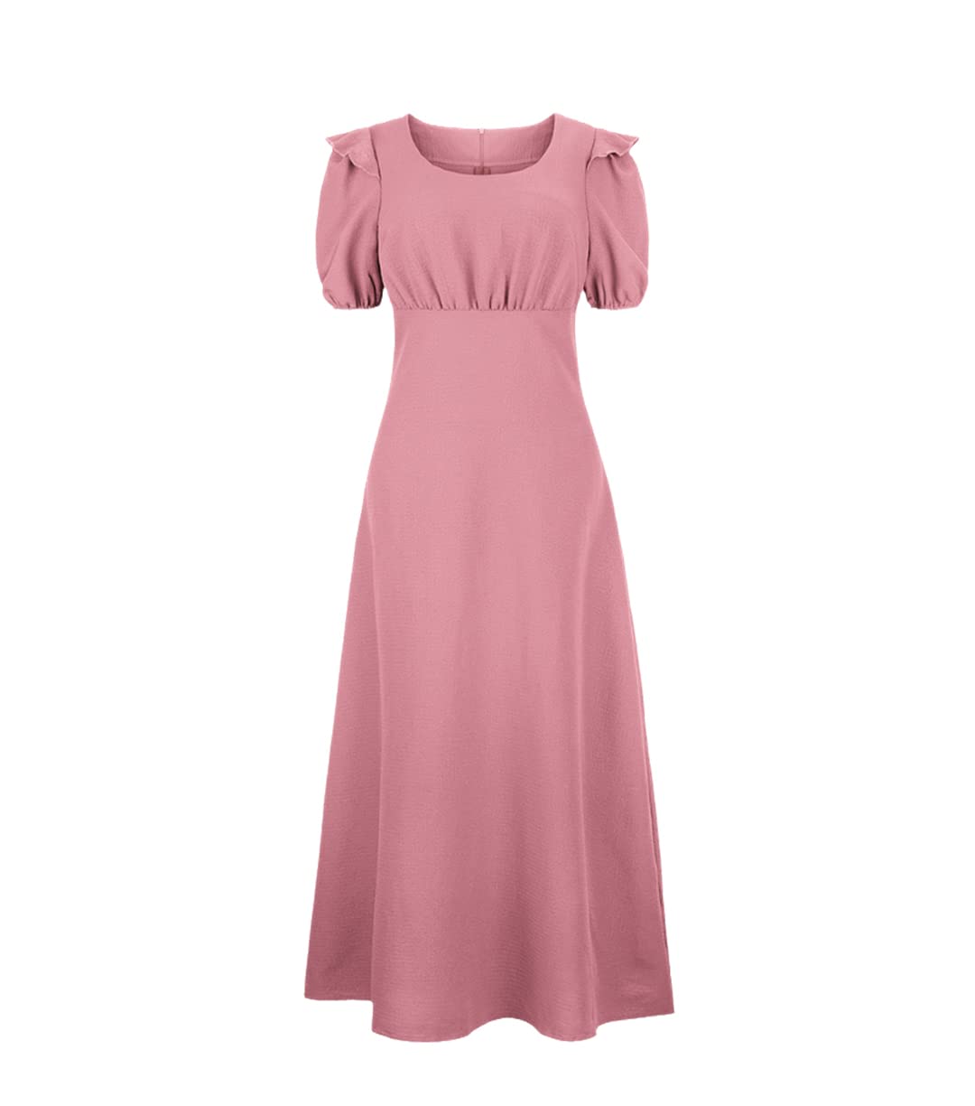 Vestido de oficina para mujer, cuello redondo, manga abombada, de verano, de cintura alta, ajustado, para fiesta