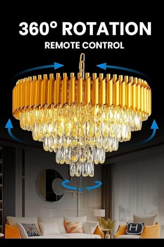 Image of RD.Enterprises|| Modern Crystal 5-Tier Gold Chandeliers | Bluetooth Remote Control and Speaker, Colour Changing | Moving Round | Ceiling Light Fixture for Living Room (Remote Full Gold, 600MM)