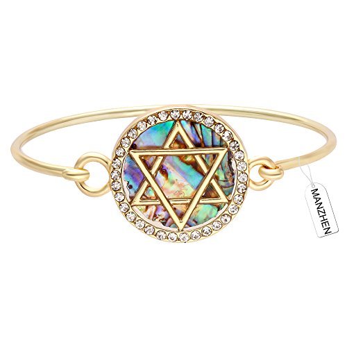 Image of Jewish Charm Star of David Abalone Shell Wire Openable Crystal Bangle Bracelet