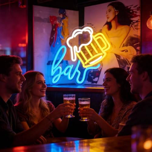 Image of Beer Bar Neon Sign, LED beer Light Up Bar Sign for Home party& pub Bar Decor, 5-Level Dimmable Funny Bar Signs for Man Cave, Business Neon Open Signs for Bars & Wall(14.8 inch*12.2 inch)