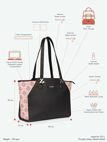 Image of ZOUK Printed Jute Handcrafted Vegan Leather Black Women's Check-point Friendly Classic Business Bag