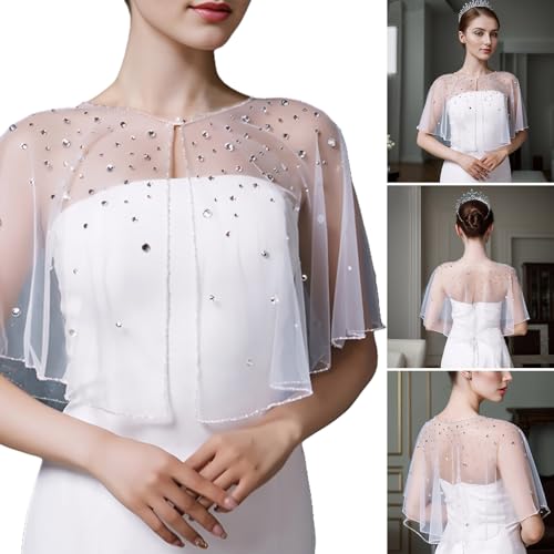 White Rhinestone Beaded Shawl - Tulle Evening Dress Accessory - Engagement & Wedding - Women's Shawl2