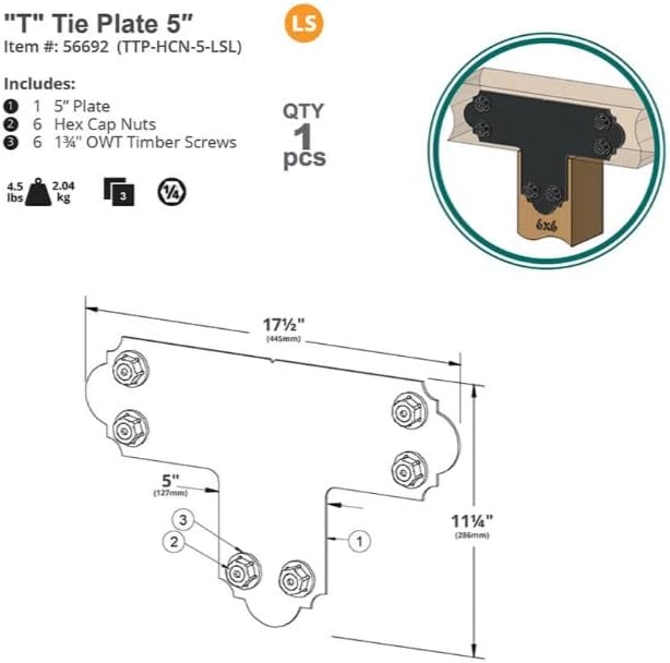 OZCO Laredo Sunset T Connector with Hex Cap Nuts 5" | Decorative T Tie Plate for Pergola, Deck, Fence and Outdoor Wood Structures | Powder-Coated Galvanized Steel Hardware