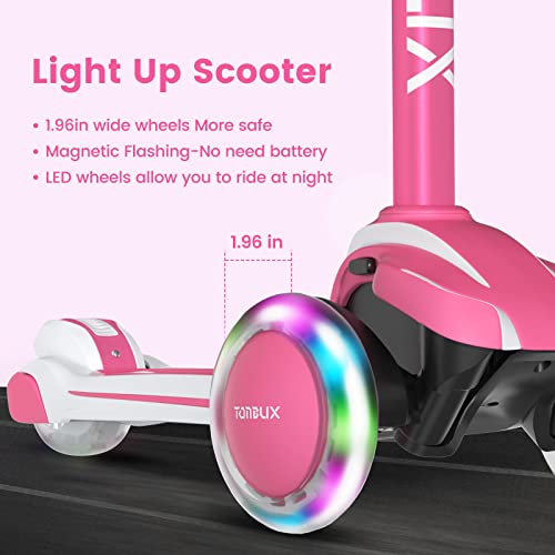 Tonbux Kids Scooter For Age 3-12, Toddler Scooter With 4 Adjustable Heights, Light Up 3-Wheels Scooter, Shock Absorption Design, Lean To Steer, Balance Training Scooter For Kids, Pink #TOP2