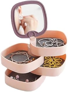 صندوق مجوهرات مع 4 طبقات، صندوق تخزين مجوهرات دوار 360 درجة،وحدة تخزين مجوهرات بمرآة، صندوق تخزين مقاوم للغبار، صندوق تخزين للسفر للقلائد والاساور والخواتم والحلقان LD-688 (بينك)