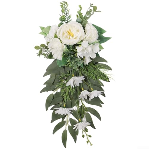 DystopiaWorld Decoración para respaldo de silla de boda con flores artificiales nórdicas, con materiales de plástico y seda y un delicado diseño de rosas (blanco)