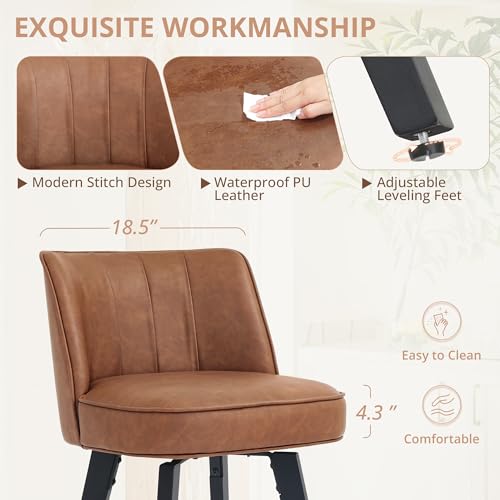 Image of LUE BONA 360-degree Swivel Bar Stools Set of 2, 26 inch Counter Height Bar Stools with High Back and Wood Legs, Morden Faux Leather Upholstered Barstools for Kitchen Counter