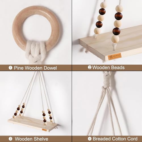 Image of Boho Wooden Hanging Shelf with Beads & Macrame Rope, Adhesive Wall Hook| Rustic Swing Wall Art for Plants, Living Room, Bedroom | Pine Wood, Handcrafted