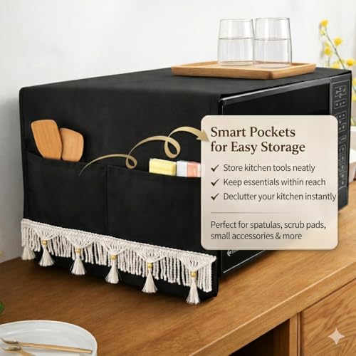 Image of Microwave Oven Cover with Tassel Lace - Waterproof Dustproof Polyester Top Cover for Kitchen with 4 Side Pockets, Modern Design, Black (100 x 35 cm)