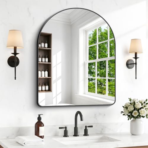 Image of BONEWEI Arched Wall Mirror,30x36 inch Black Arched Mirror Bathroom,Vanity Mirror for Over Sink Metal Frame,Tempered Glass Arch Mirrors for Bedroom,Entryway,Living Room,Home Decor Shatter-Proof