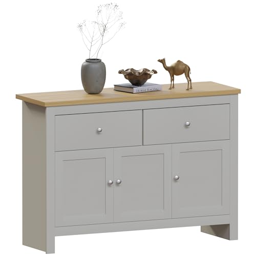 Vida Designs Arlington buffet avec 2 tiroirs et 3 portes, bois d'ingénierie, gris et chêne, H 82 x L 117 x P 35 cm.