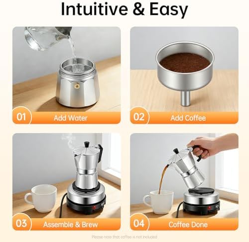 Machine à expresso électrique, cafetière à moka avec plaque chauffante électrique, petite machine à expresso à température réglable, machine à café de camping (3 tasses) - Image 6